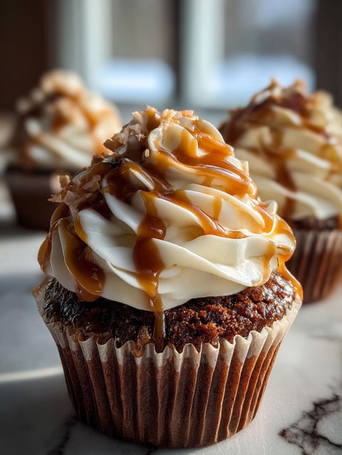 Cupcake mit Karamellsauce und Sahne.