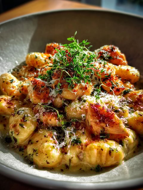 Eine Schüssel mit Asiago Huhn Gnocchi.