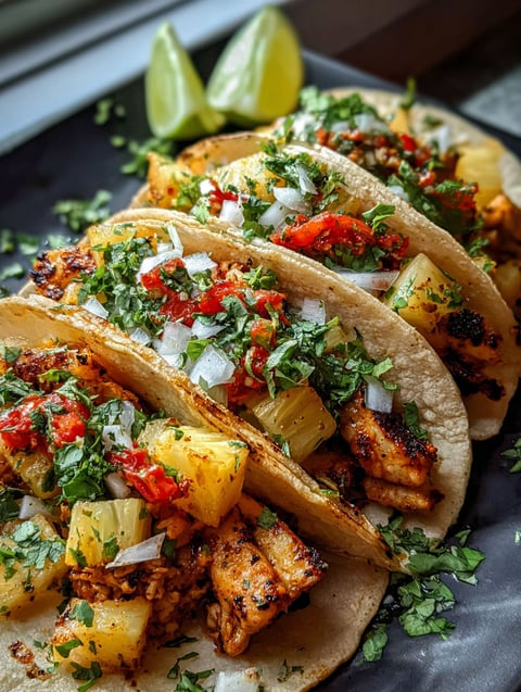 Teller mit Huhn Ananas Tacos.