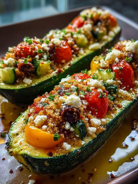Zwei Zucchini gefüllt mit Tomaten und Käse.