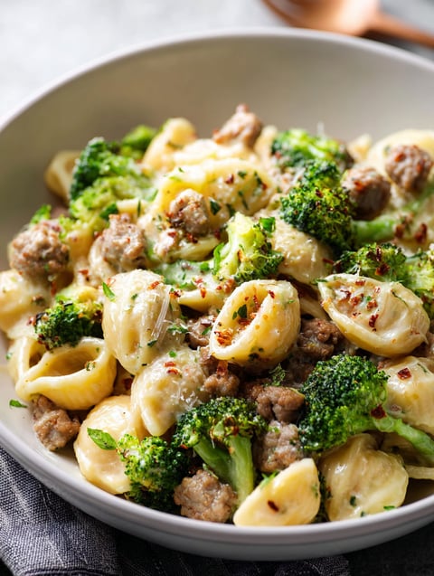 Eine Schüssel Pasta mit Wurst und Brokkoli