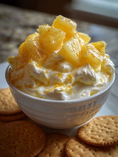 Schale mit Ananas-Dip und Nilla Waffeln daneben.