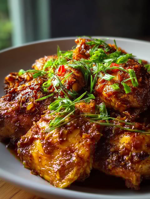 Ein Teller mit langsam gegartem Hühnchen in braunem Zucker und Knoblauch Soße.
