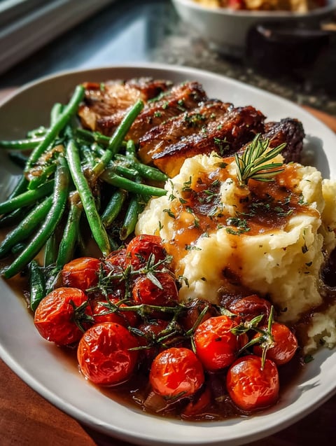 Ein Teller mit Ofen gebackenen grünen Bohnen und Tomaten.