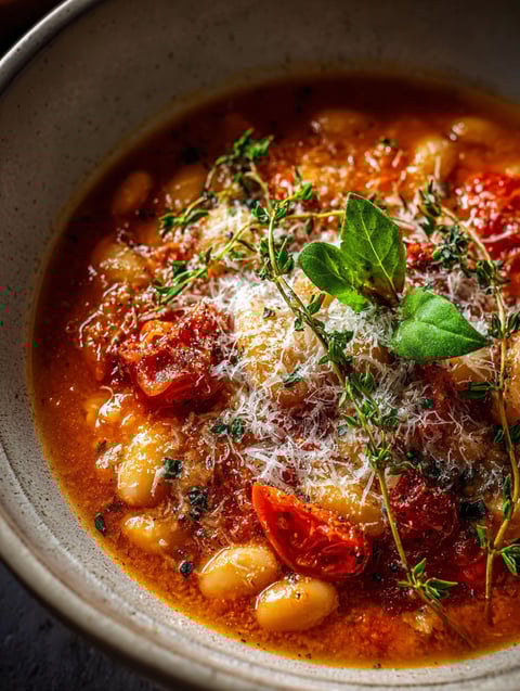 Eine Schüssel Suppe mit Tomaten, Bohnen und Parmesan