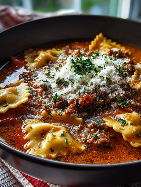 Schüssel mit Lasagne Suppe aus dem Slow Cooker