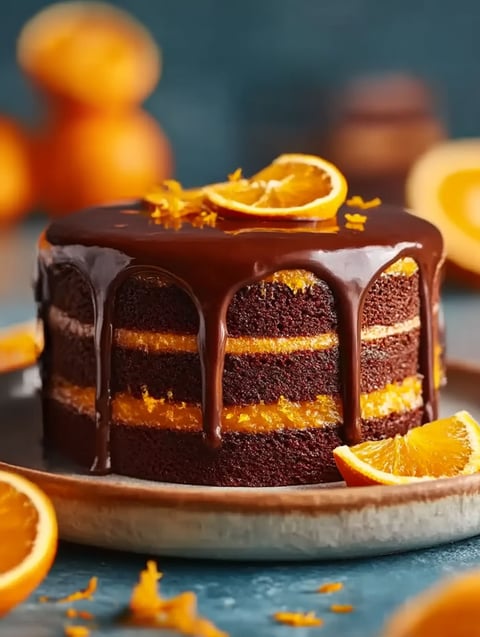 Eine Schoko-Orange-Torte mit glänzender Ganache.