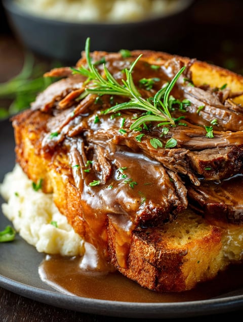 Nahaufnahme von einem Beef Manhattan Sandwich