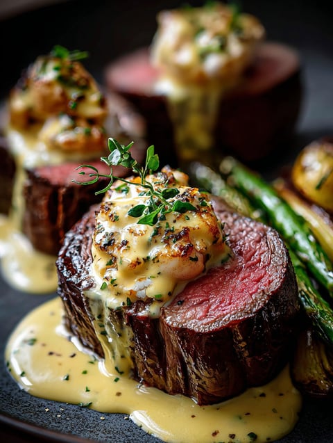 Nahaufnahme von Rinderfilet mit Krabbenfüllung und Béarnaise.
