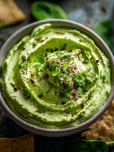 Schüssel mit cremigem Avocado Spinat Dip