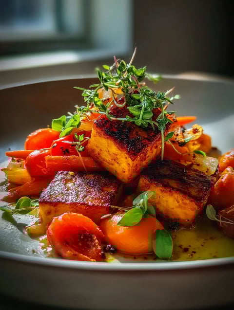 Ein Teller Essen mit frischen Kräutern obendrauf.