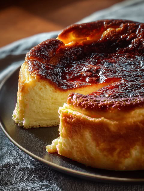 Ein Stück Basque Cheesecake mit dunkler Kruste.