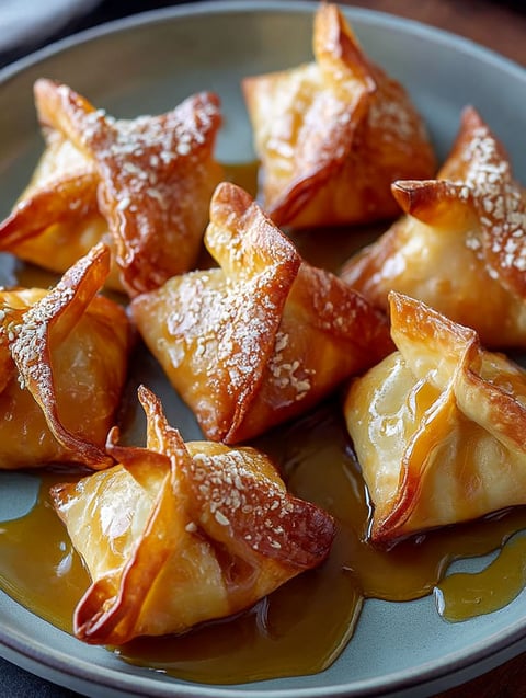 Ein Teller mit Karamell Apfel Wontons