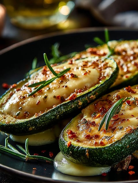 Leckere Knoblauch Zucchini Steaks mit Käse.