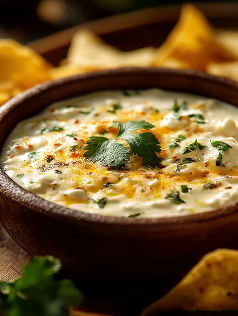 Eine Schüssel voller cremigem Käse Dip.