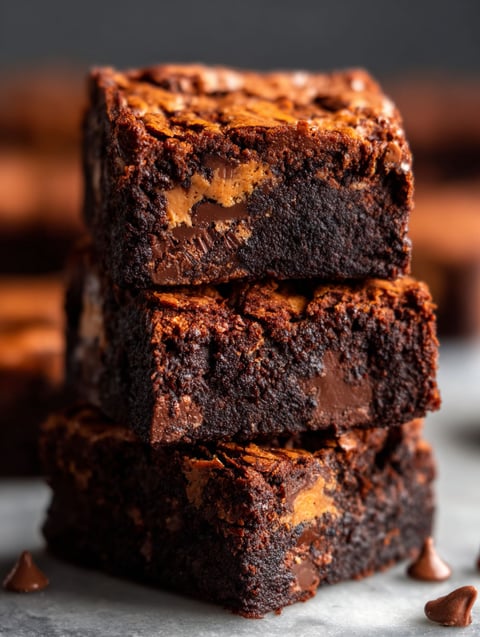 Ein Stapel mit drei schmelzenden Erdnussbutter-Schoko Brownies.