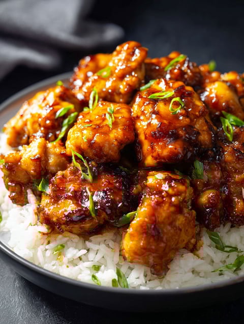 Ein Teller mit Huhn und Reis.