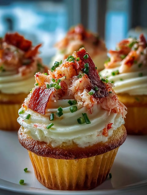 Ein Cupcake mit Speck und Krabbenfleisch oben drauf.