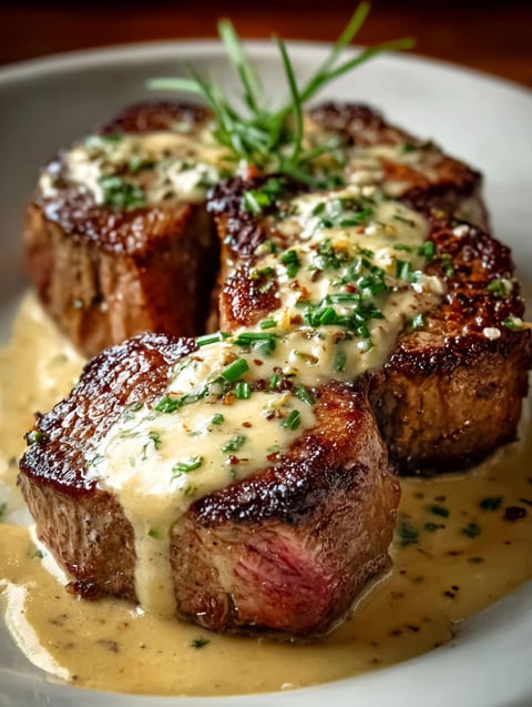 Ein leckeres Gericht aus Steak und Soße.